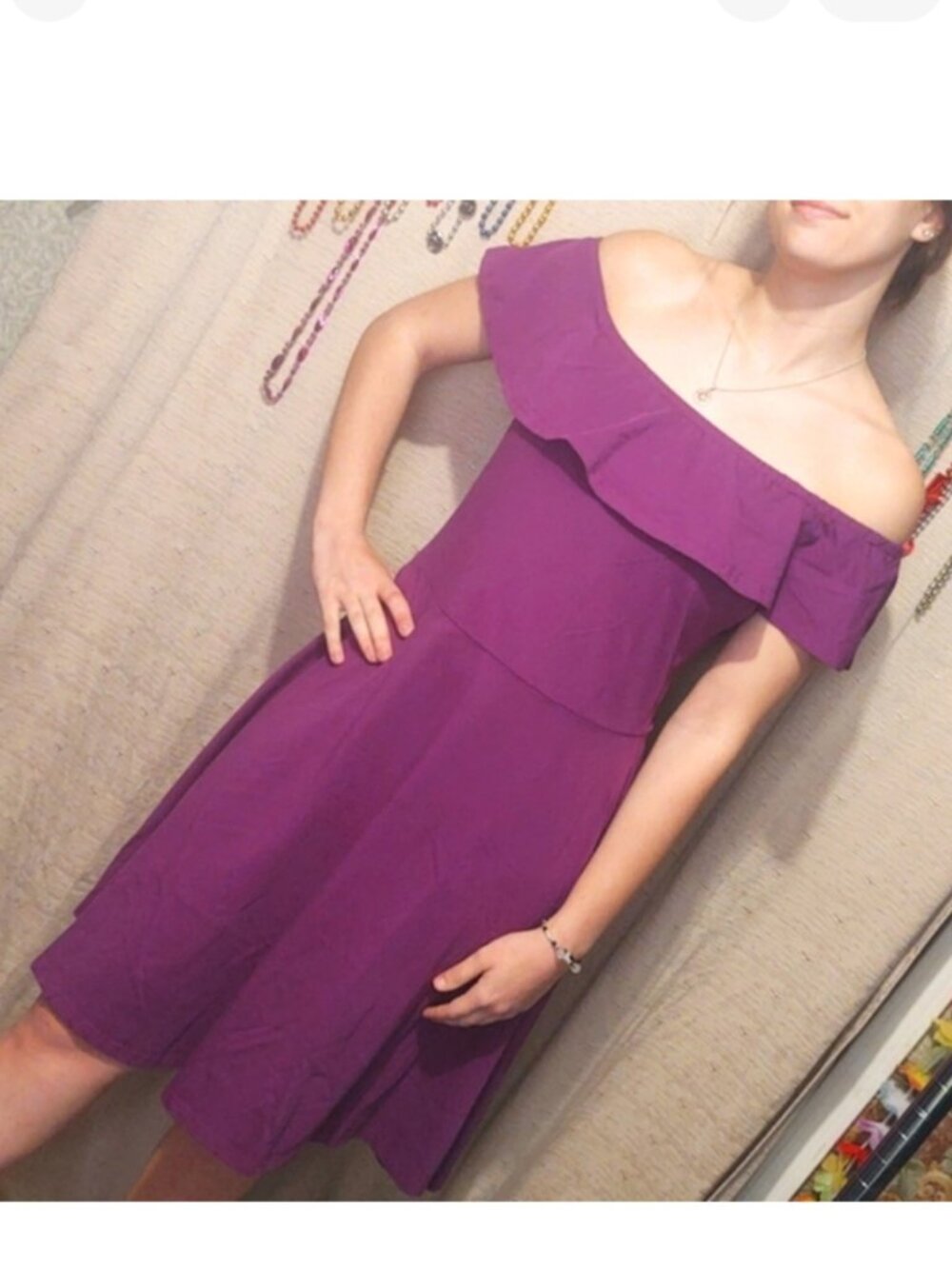 Styleword Purple Off Shoulder Flounce Skater Dress Lg